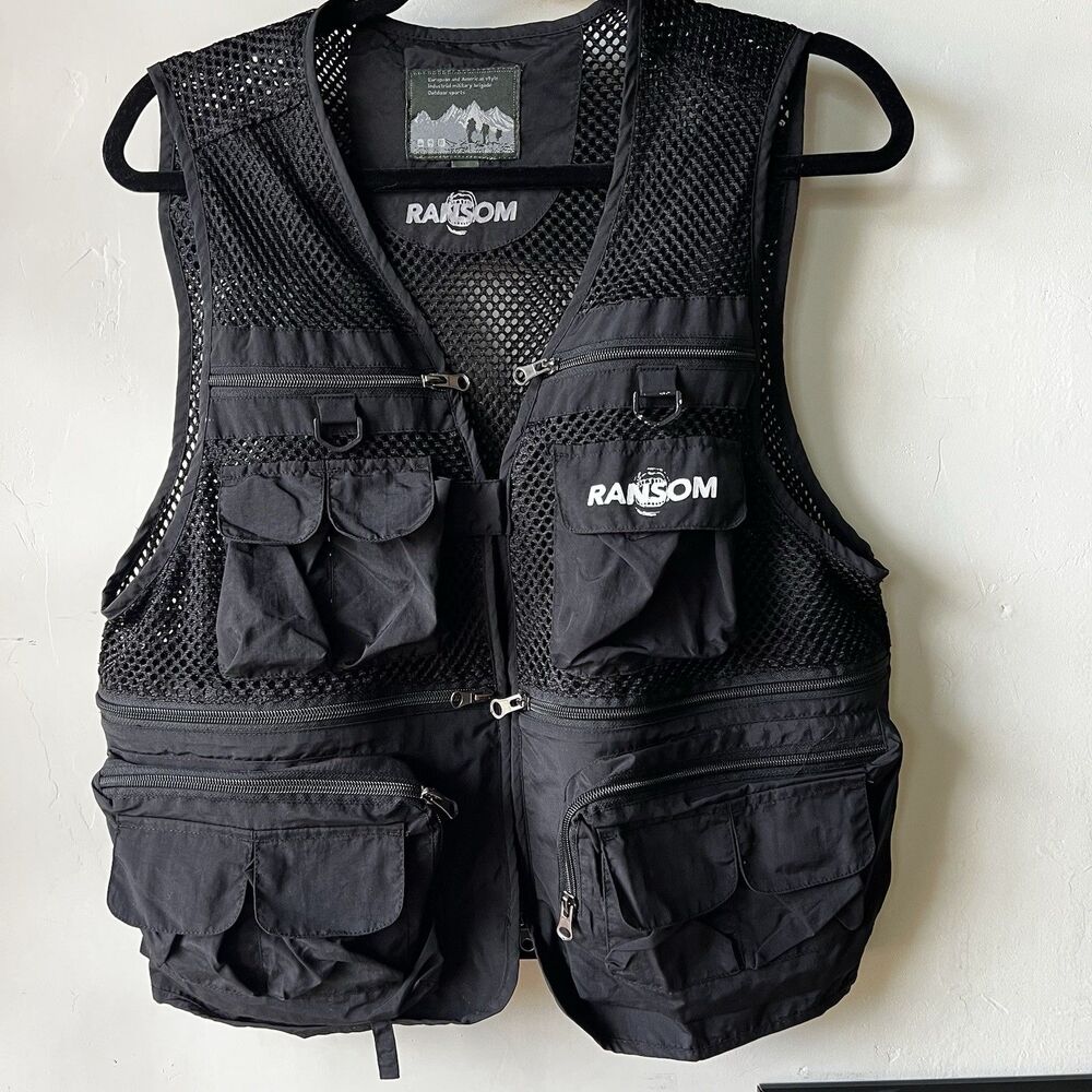 RANSOM Black Utility Vest Men's S Mesh Zipper Pockets Outdoor Lightweight